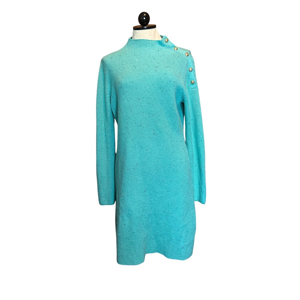 Talbots Turquoise Blue Confetti Knit Sweater Dress Gold Buttons Mock Neck Size M